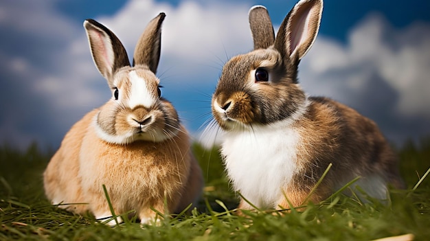 Two rabbits in a field with a blue sky in the background