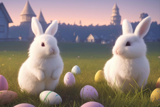 Two rabbits in a field with easter eggs