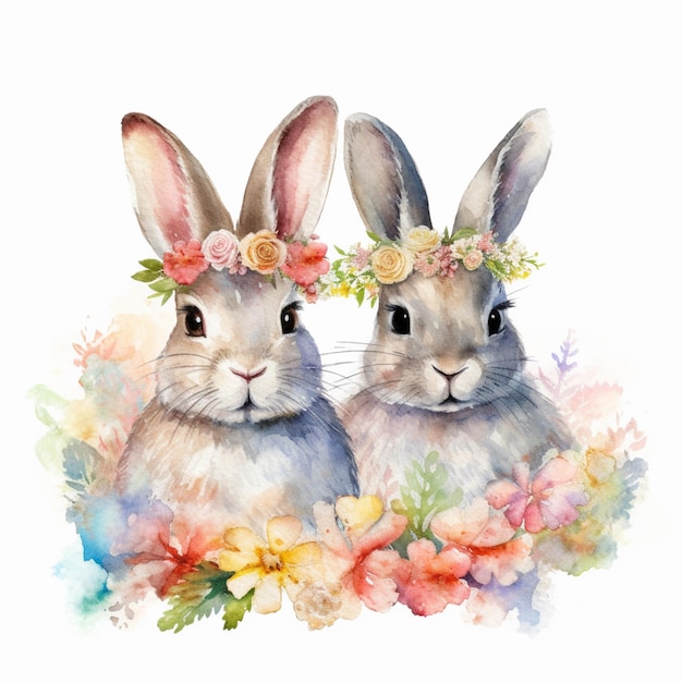 Two rabbits in a floral wreath