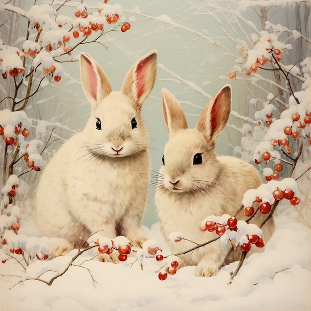 two rabbits sit in the snow in front of a tree.