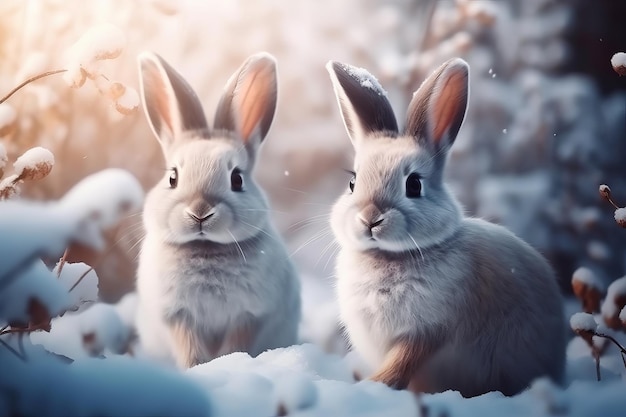 two rabbits in the snow one of which is wearing a white shirt