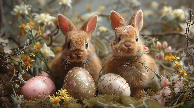 two rabbits with a crown on their head and the bunny next to the eggs