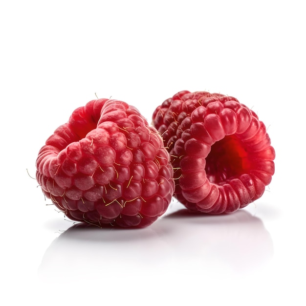 Two raspberries are sitting on a white surface.