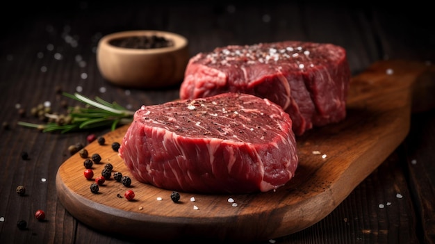 Two raw meats on a wooden cutting board