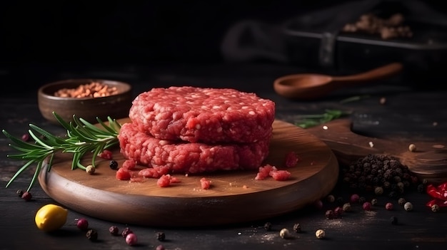 Two raw meats on a wooden table with spices and seasonings.