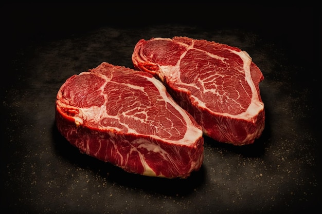 two raw ribeye beef steaks on a wooden board