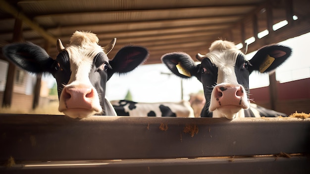 Two Realistic Cows Stand in the Stable and Look Curiously