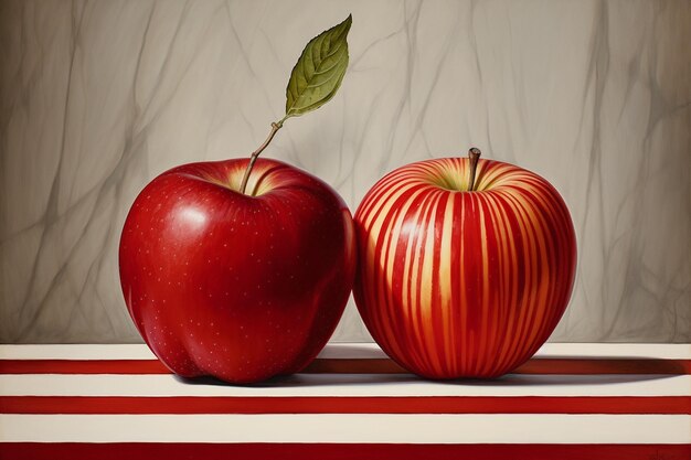 Two red apples with green leaves on a black and white striped background