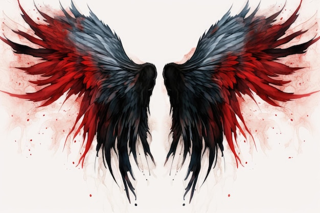 Two red and blue wings of a bird with blood splashes on a white background Beautiful magic red black wings drawn with watercolor effect AI Generated