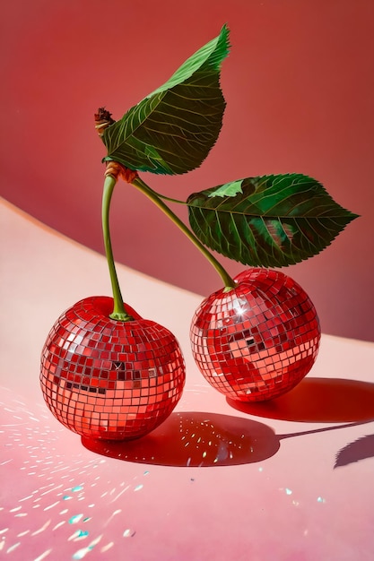 Two red cherries on pink surface