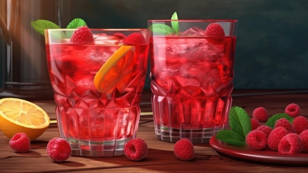 Two red cocktails with a mint leaf on the side.