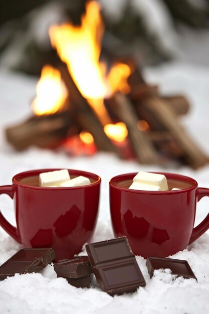 two red coffee mugs with candles in them next to a fire