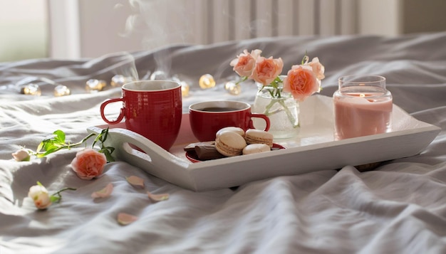 Two red cups of coffee and flowers on bed