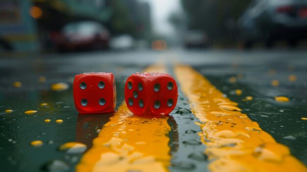 Photo two red dice lay on a wet asphalt road with yellow painted lines