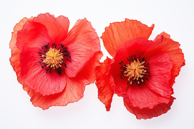 two red flowers on a white surface