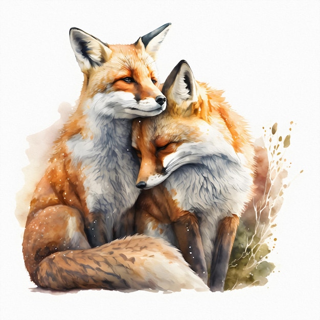 Two red foxes in love hug Valentine's day and all lovers isolate Drawing for a book postcard print Watercolor illustration