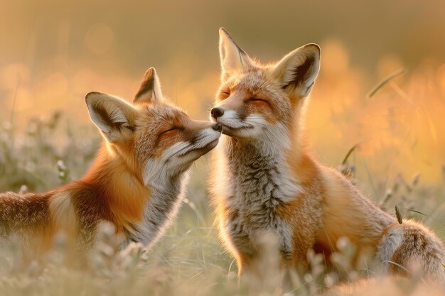 Photo two red foxes nuzzling during golden hour