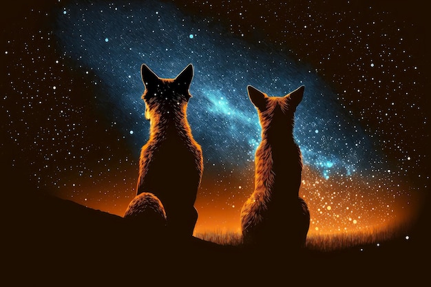 Two red foxes sit in steppe and look up into sky in starfall night