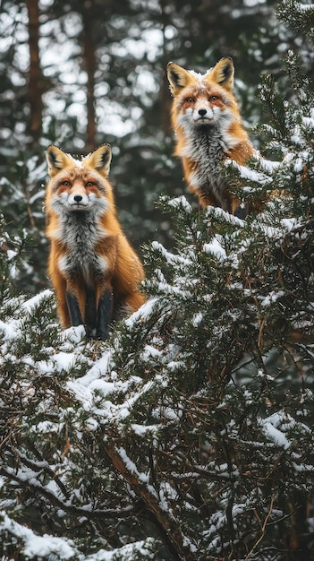 Photo two red foxes in a snowy forest