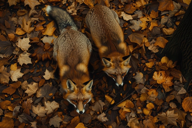 Photo two red foxes walking through autumn leaves