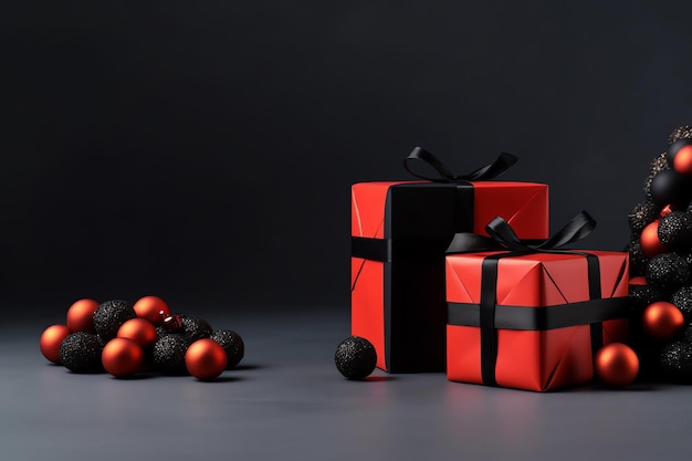 Two red gift boxes with a black ribbon tied around them and a red ribbon tied around the top