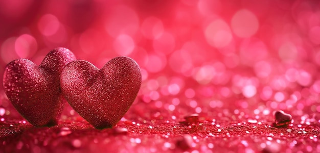 two red glittering heart on a red glitter and sparkle bokeh background