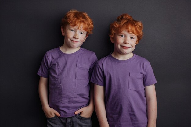 Photo two red haired boys wearing purple shirts that say  red