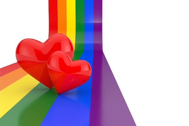 Two Red Heart over LGBT Community Rainbow Colors Pride Flag 3d Rendering