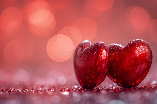 Two red hearts against a shiny background