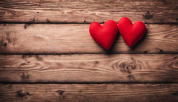 Two Red Hearts On Rustic Table With Soft Lights On Wooden Background Valentine's Day Concept