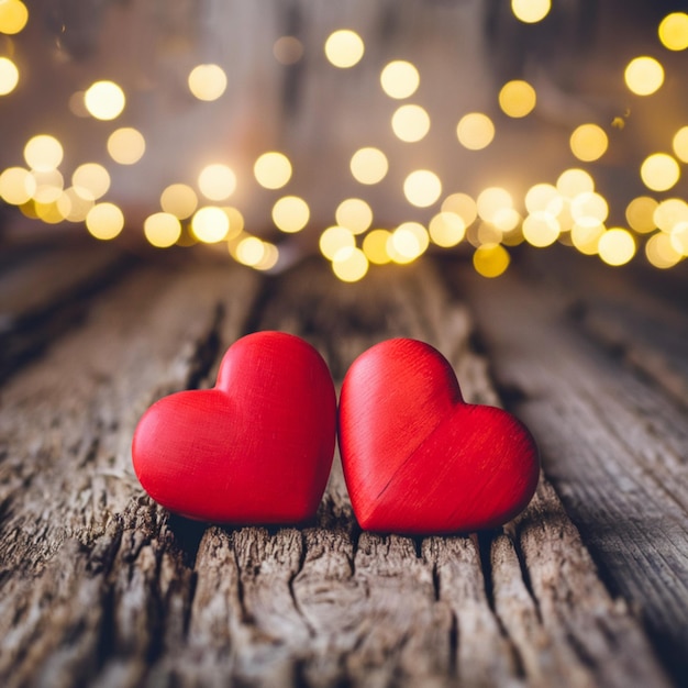 Two red hearts on rustic wooden surface with golden bokeh lights in the background