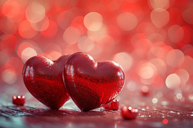 Two red hearts on top of a table covered with silver glitter