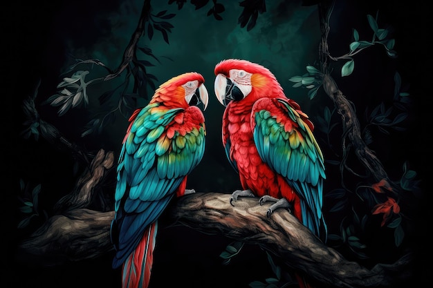 Two red macaws parrots in love with each other settled on a lush tree branch Generative AI