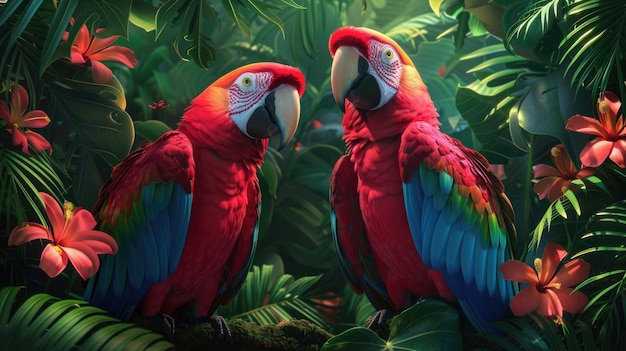 Photo two red macaws perched amidst lush tropical foliage