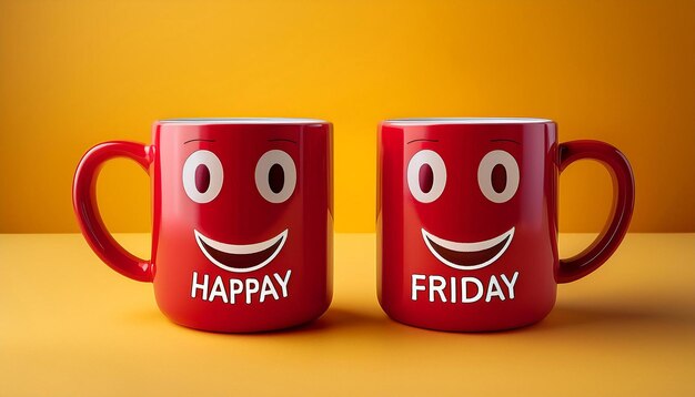 Photo two red mugs with the words happy friday on them