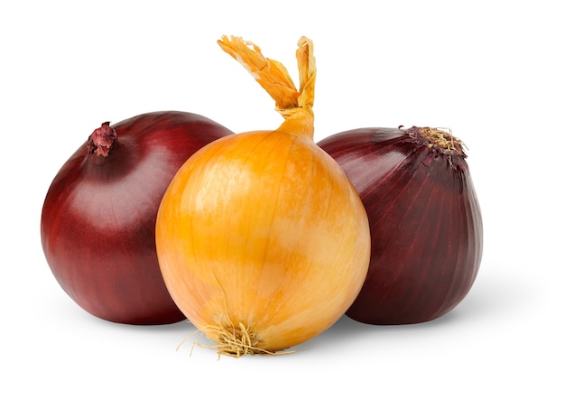 Two red onions and a yellow one isolated on white