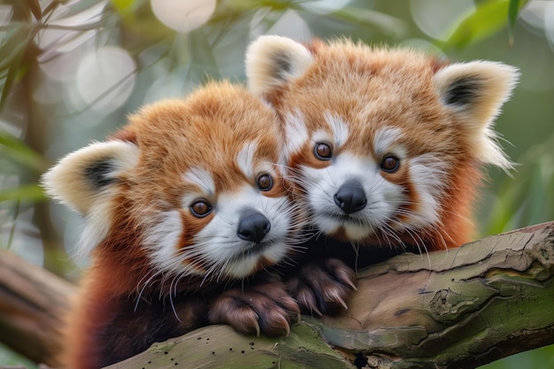 Two red pandas lounge with charming ease