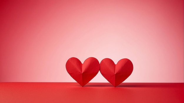 Photo two red paper hearts on a red background