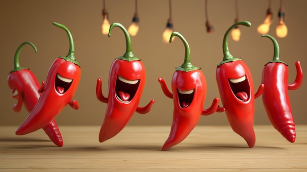 two red peppers with eyes drawn on them and crispy chilli Red chili peppers on colourfull background