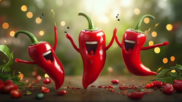 two red peppers with eyes drawn on them and crispy chilli Red chili peppers on colourfull background