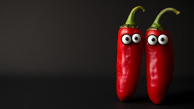 two red peppers with eyes drawn on them and crispy chilli Red chili peppers on colourfull background