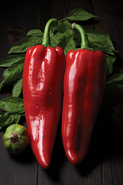 Two red peppers with green leaves and one of them has a green leaf.