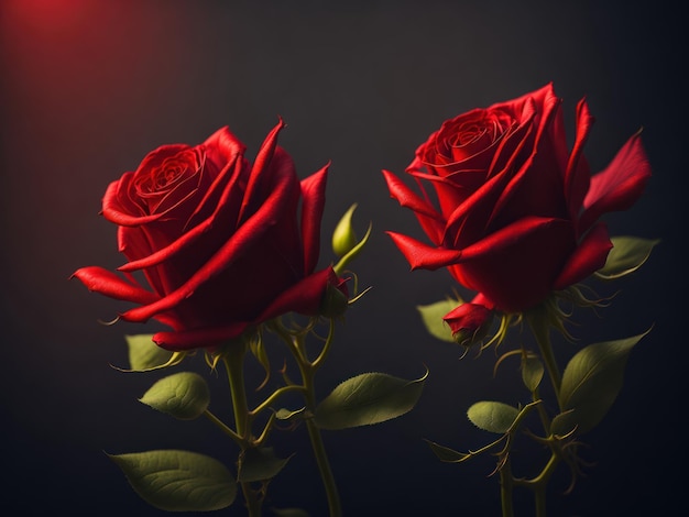 Two red roses are on a dark background.