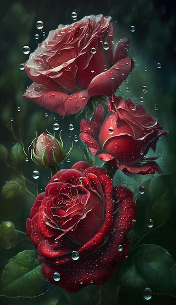 Two red roses with water droplets on them generative ai