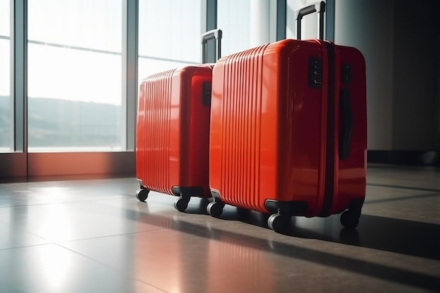 Two red suitcases are sitting in a room with a window behind them.