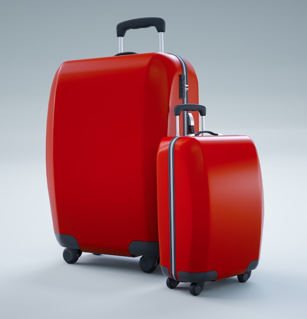 Two red travel bags isolated on bright white. 3d rendering