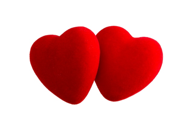 Photo two red velvet hearts isolated on white background with clipping path