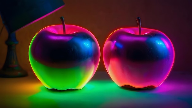 Photo two red and yellow apples illuminated by multicolored lights on a dark background