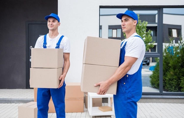 Two removal company workers are loading boxes into a minibus