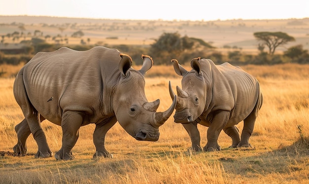 two rhinos are standing in the grass one is eating grass